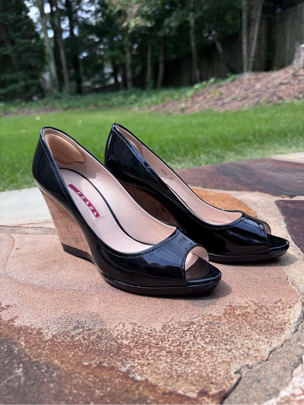 PRADA Black Patent Leather Cork Wedge Peep-Toe Pumps Size 36.5 EU